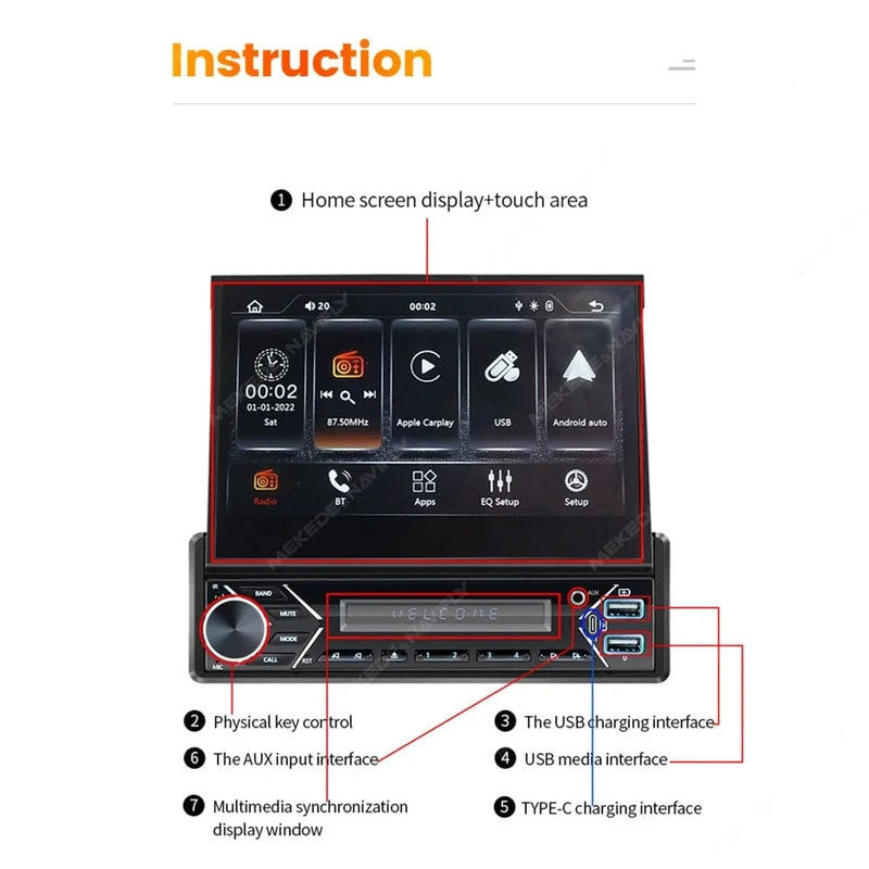 Universelles 7-Zoll-1-Din-Autoradio mit versenkbarem Bildschirm, Android Auto Carplay, Multimedia-Videoplayer, intelligentes Fahrzeugsystem, BT, FM, USB