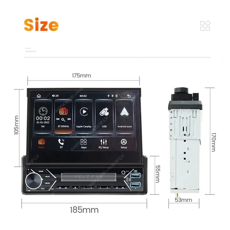 Universelles 7-Zoll-1-Din-Autoradio mit versenkbarem Bildschirm, Android Auto Carplay, Multimedia-Videoplayer, intelligentes Fahrzeugsystem, BT, FM, USB