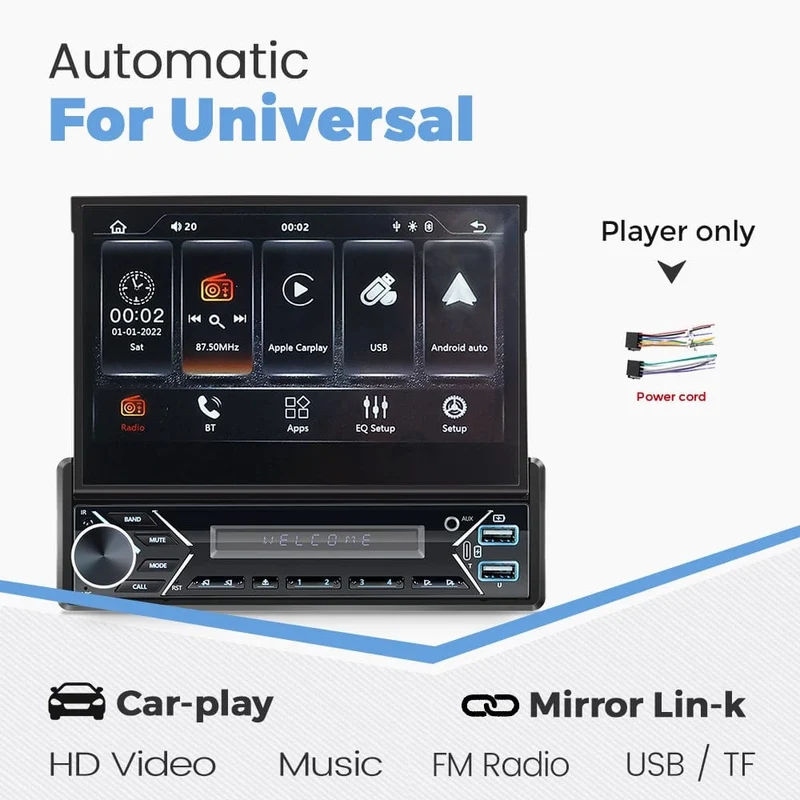 Universelles 7-Zoll-1-Din-Autoradio mit versenkbarem Bildschirm, Android Auto Carplay, Multimedia-Videoplayer, intelligentes Fahrzeugsystem, BT, FM, USB