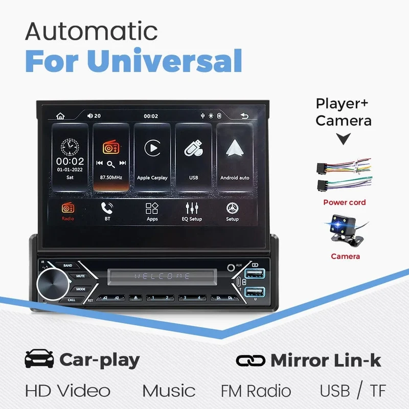 Universelles 7-Zoll-1-Din-Autoradio mit versenkbarem Bildschirm, Android Auto Carplay, Multimedia-Videoplayer, intelligentes Fahrzeugsystem, BT, FM, USB