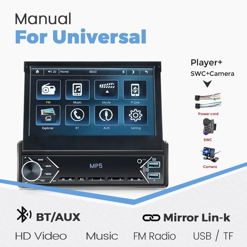 Universelles 7-Zoll-1-Din-Autoradio mit versenkbarem Bildschirm, Android Auto Carplay, Multimedia-Videoplayer, intelligentes Fahrzeugsystem, BT, FM, USB