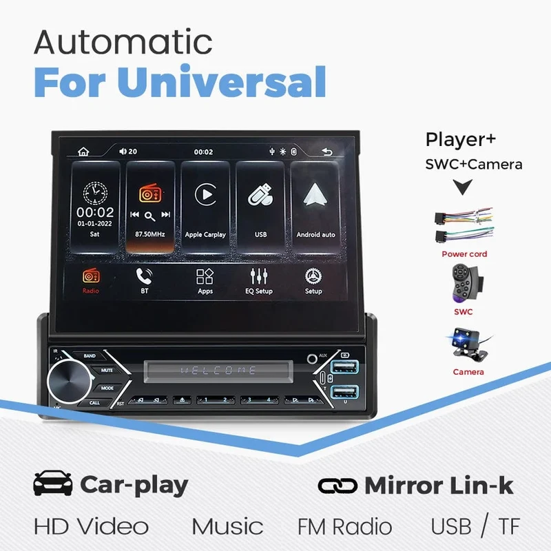Universelles 7-Zoll-1-Din-Autoradio mit versenkbarem Bildschirm, Android Auto Carplay, Multimedia-Videoplayer, intelligentes Fahrzeugsystem, BT, FM, USB