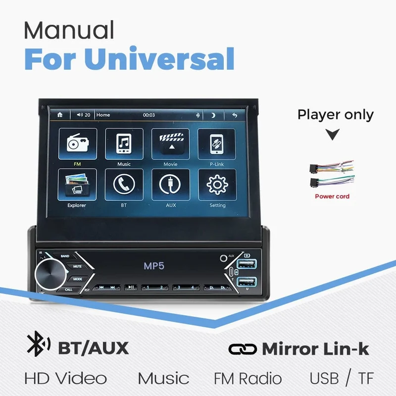 Universelles 7-Zoll-1-Din-Autoradio mit versenkbarem Bildschirm, Android Auto Carplay, Multimedia-Videoplayer, intelligentes Fahrzeugsystem, BT, FM, USB