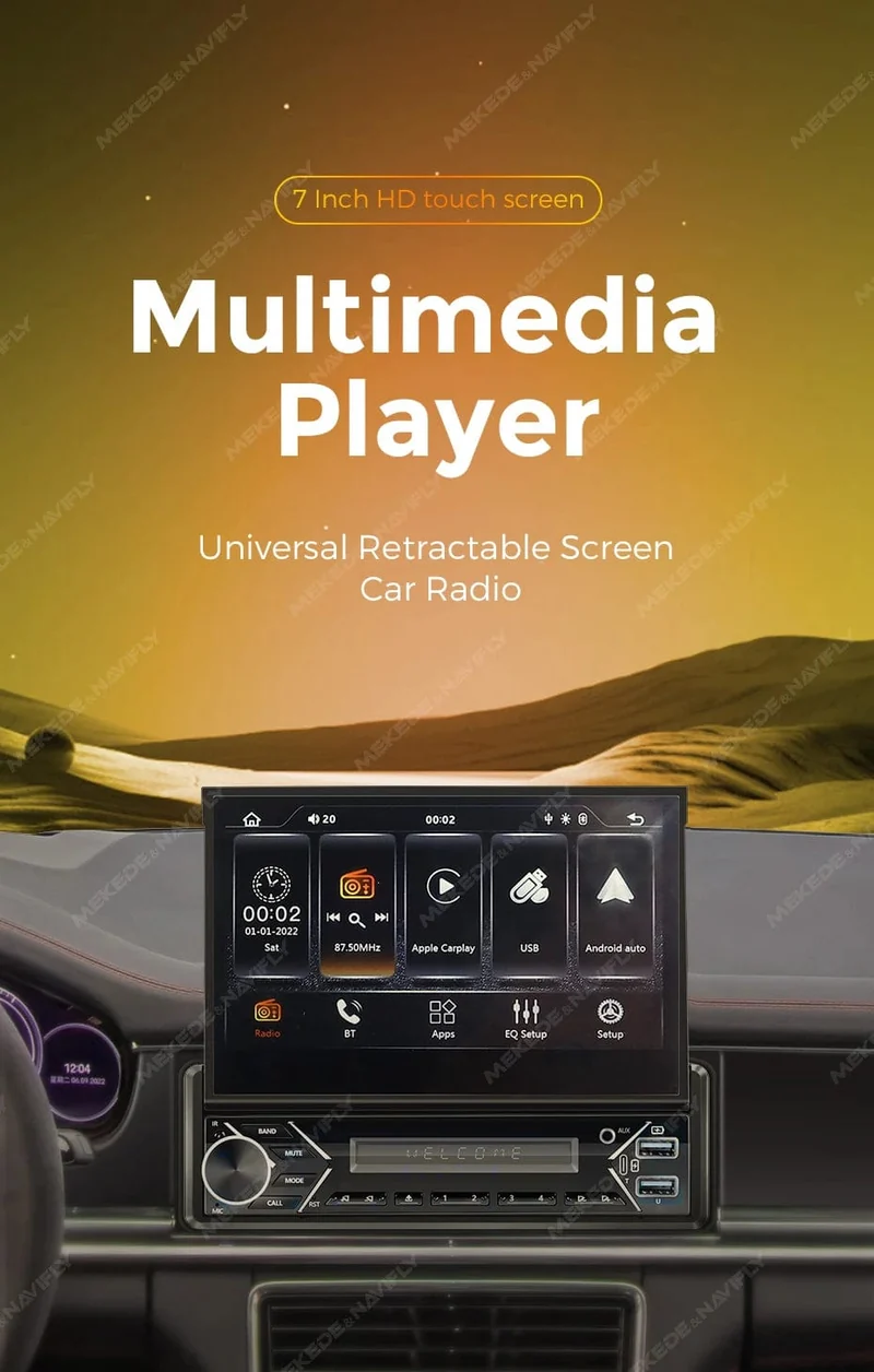 Universelles 7-Zoll-1-Din-Autoradio mit versenkbarem Bildschirm, Android Auto Carplay, Multimedia-Videoplayer, intelligentes Fahrzeugsystem, BT, FM, USB