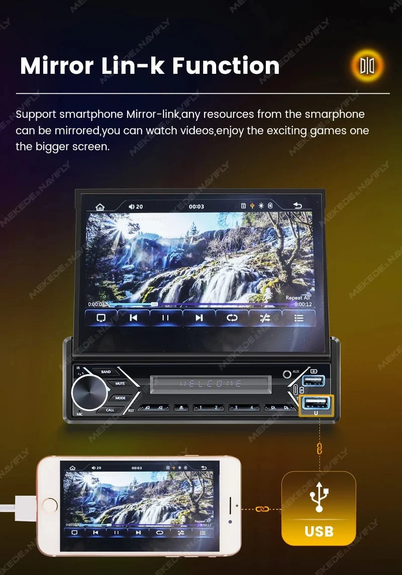 Universelles 7-Zoll-1-Din-Autoradio mit versenkbarem Bildschirm, Android Auto Carplay, Multimedia-Videoplayer, intelligentes Fahrzeugsystem, BT, FM, USB