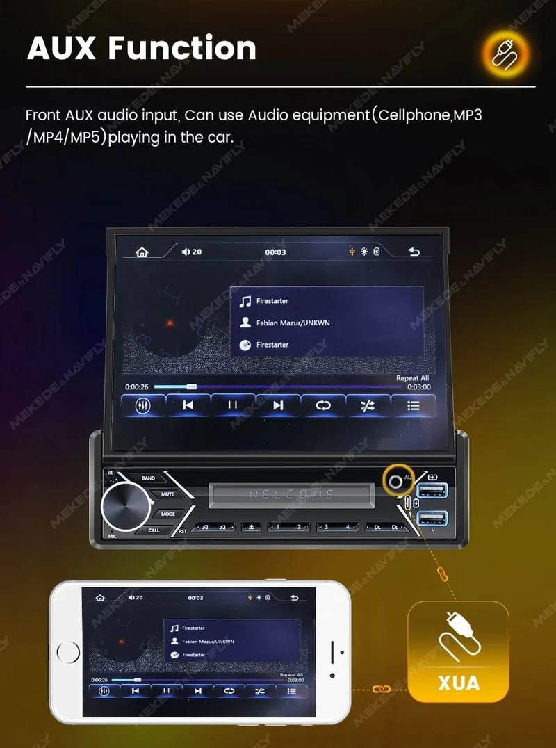 Universelles 7-Zoll-1-Din-Autoradio mit versenkbarem Bildschirm, Android Auto Carplay, Multimedia-Videoplayer, intelligentes Fahrzeugsystem, BT, FM, USB