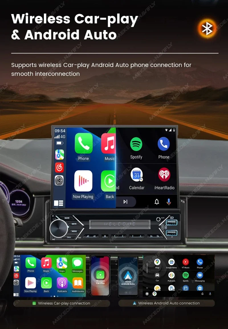 Universelles 7-Zoll-1-Din-Autoradio mit versenkbarem Bildschirm, Android Auto Carplay, Multimedia-Videoplayer, intelligentes Fahrzeugsystem, BT, FM, USB