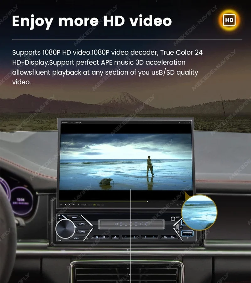 Universelles 7-Zoll-1-Din-Autoradio mit versenkbarem Bildschirm, Android Auto Carplay, Multimedia-Videoplayer, intelligentes Fahrzeugsystem, BT, FM, USB