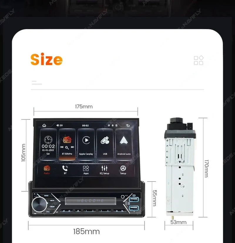 Universelles 7-Zoll-1-Din-Autoradio mit versenkbarem Bildschirm, Android Auto Carplay, Multimedia-Videoplayer, intelligentes Fahrzeugsystem, BT, FM, USB