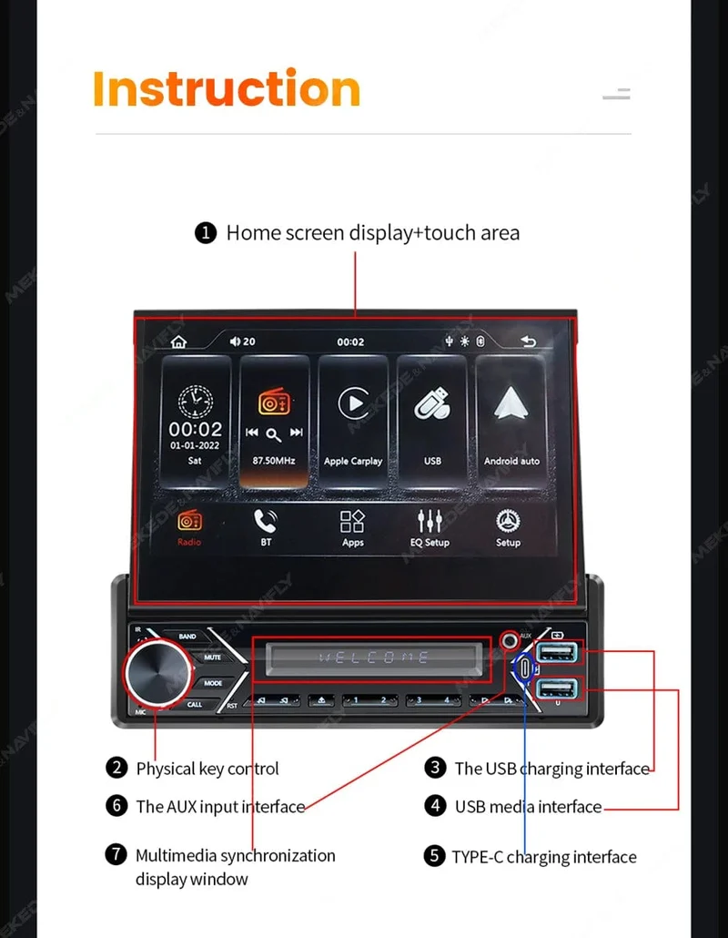Universelles 7-Zoll-1-Din-Autoradio mit versenkbarem Bildschirm, Android Auto Carplay, Multimedia-Videoplayer, intelligentes Fahrzeugsystem, BT, FM, USB