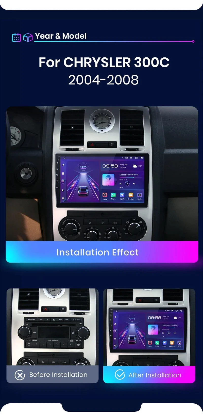 Junsun Autoradio für Chrysler 300C Aspen 2004–2008, kabelloses CarPlay, Android Auto, intelligente Autosysteme, keine 2 Din, 2 Din DVD