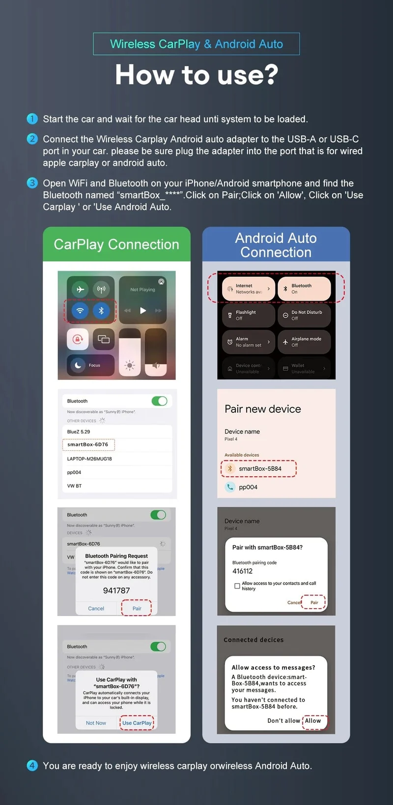 2-in-1-Kabelloses Carplay und Android Auto AI-Box, verkabelt mit kabellosem Carpay-Mini-Adapter Bluetooth für Autoradio mit kabelgebundener Carplay-Box
