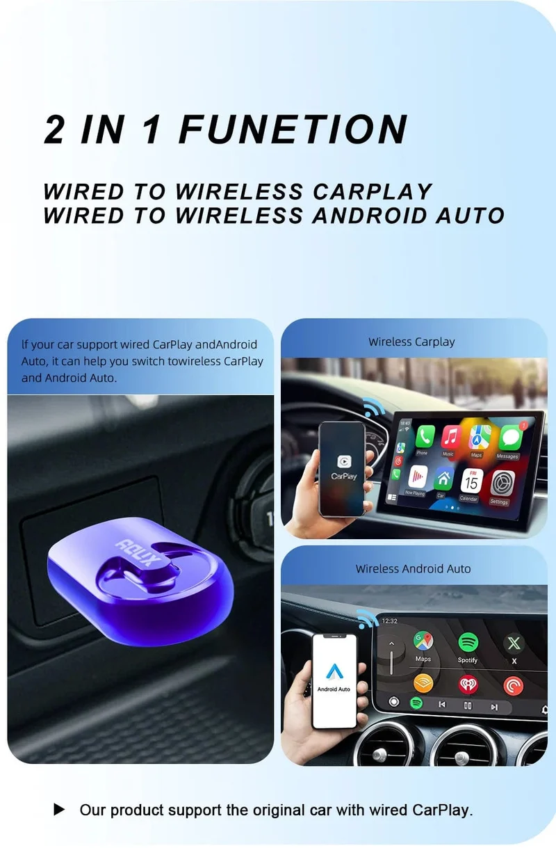 2-in-1-Kabelloses Carplay und Android Auto AI-Box, verkabelt mit kabellosem Carpay-Mini-Adapter Bluetooth für Autoradio mit kabelgebundener Carplay-Box
