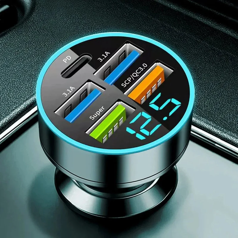 Autoladegerät 5 Anschlüsse USB Superschnelles Laden Intelligente Ladespannungserkennung Digitalanzeige Autoadapter Telefonladegerät