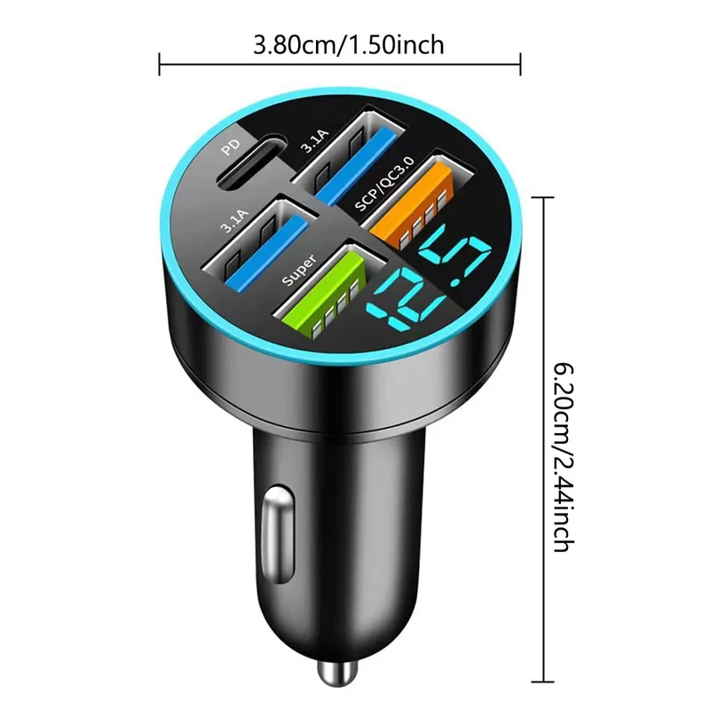 Autoladegerät 5 Anschlüsse USB Superschnelles Laden Intelligente Ladespannungserkennung Digitalanzeige Autoadapter Telefonladegerät