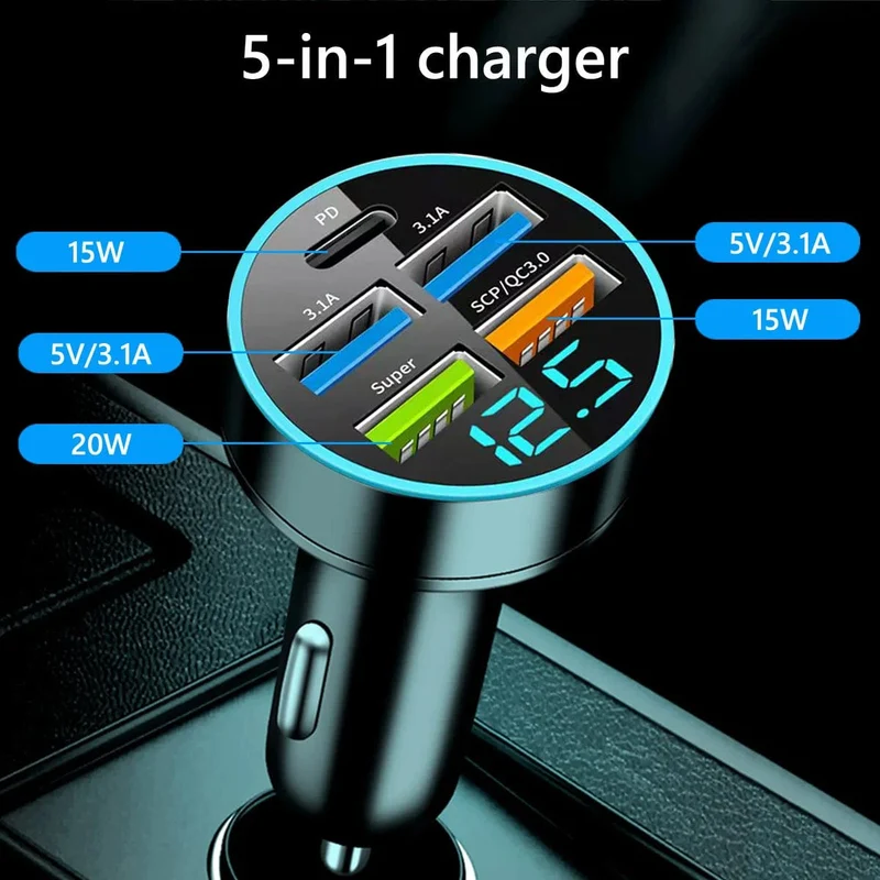 Autoladegerät 5 Anschlüsse USB Superschnelles Laden Intelligente Ladespannungserkennung Digitalanzeige Autoadapter Telefonladegerät