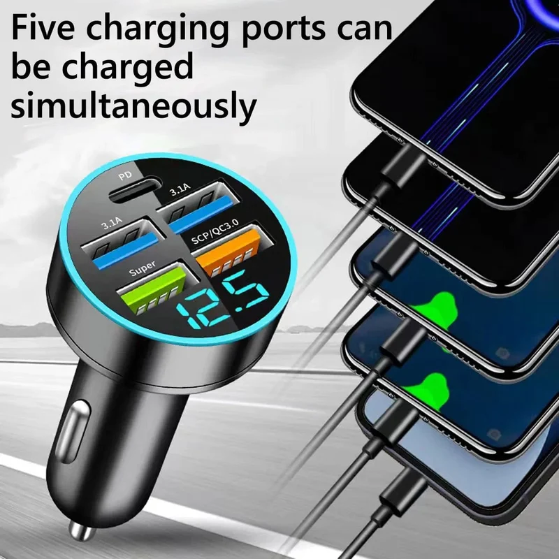 Autoladegerät 5 Anschlüsse USB Superschnelles Laden Intelligente Ladespannungserkennung Digitalanzeige Autoadapter Telefonladegerät