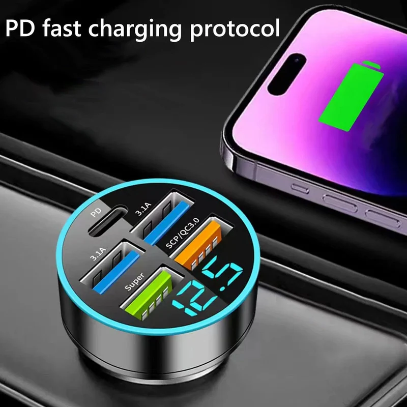 Autoladegerät 5 Anschlüsse USB Superschnelles Laden Intelligente Ladespannungserkennung Digitalanzeige Autoadapter Telefonladegerät