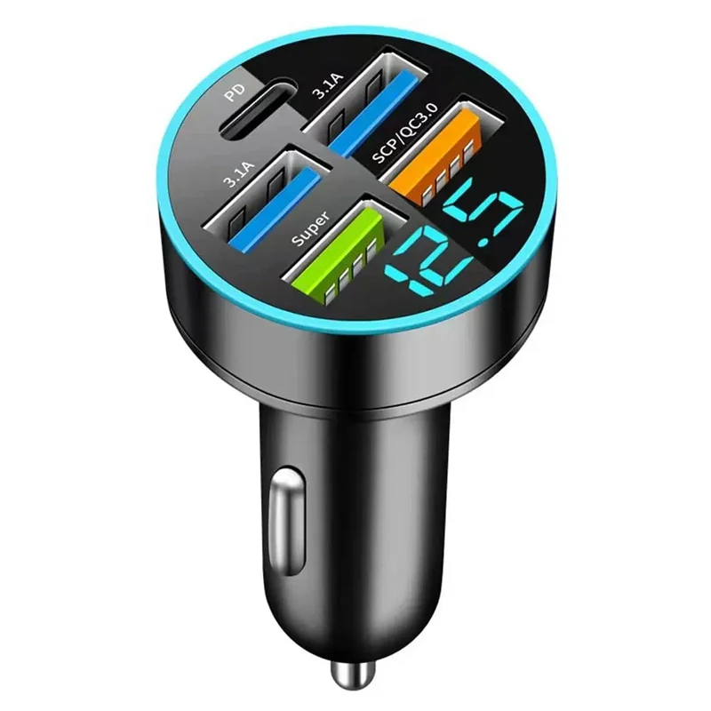 Autoladegerät 5 Anschlüsse USB Superschnelles Laden Intelligente Ladespannungserkennung Digitalanzeige Autoadapter Telefonladegerät