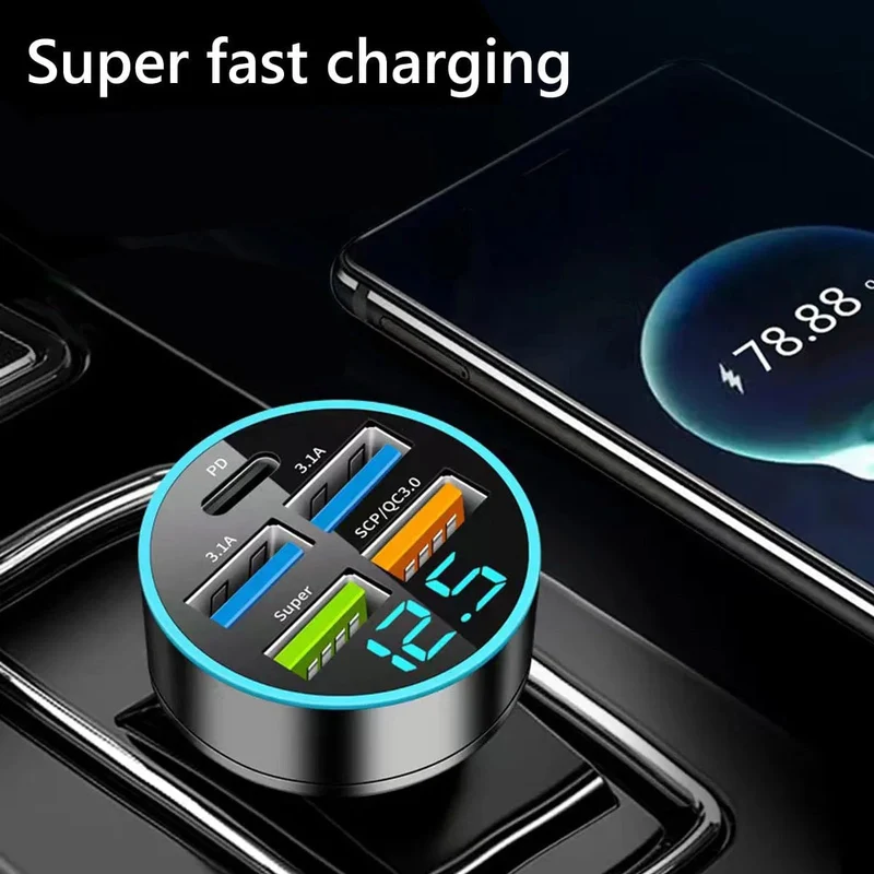 Autoladegerät 5 Anschlüsse USB Superschnelles Laden Intelligente Ladespannungserkennung Digitalanzeige Autoadapter Telefonladegerät