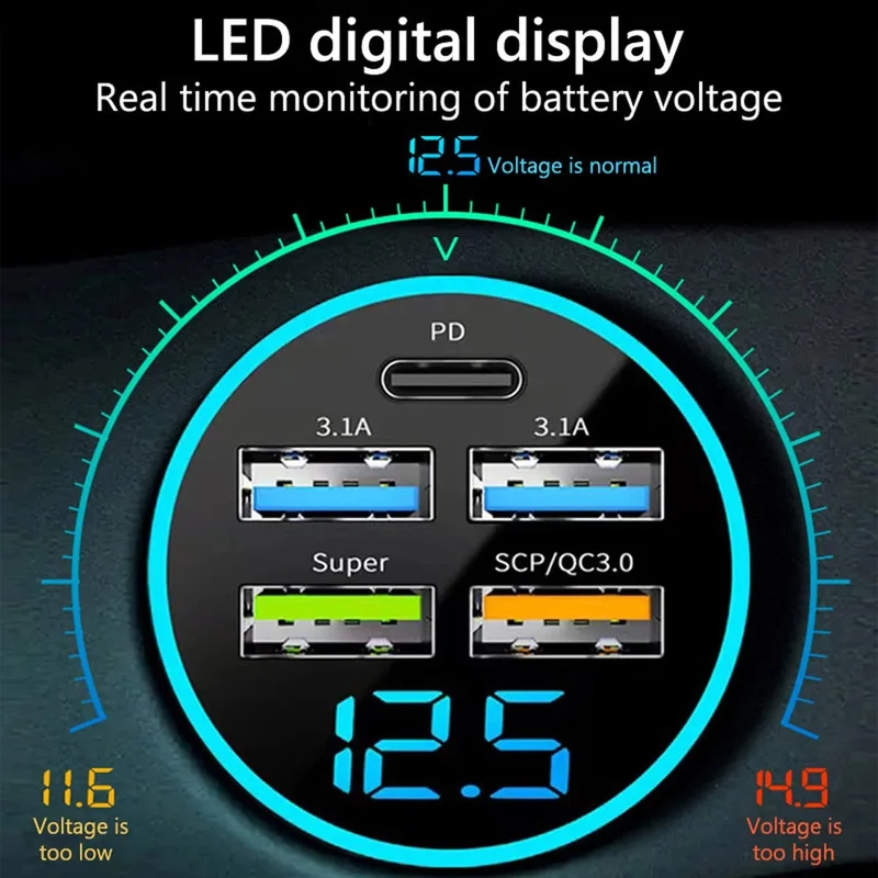 Autoladegerät 5 Anschlüsse USB Superschnelles Laden Intelligente Ladespannungserkennung Digitalanzeige Autoadapter Telefonladegerät