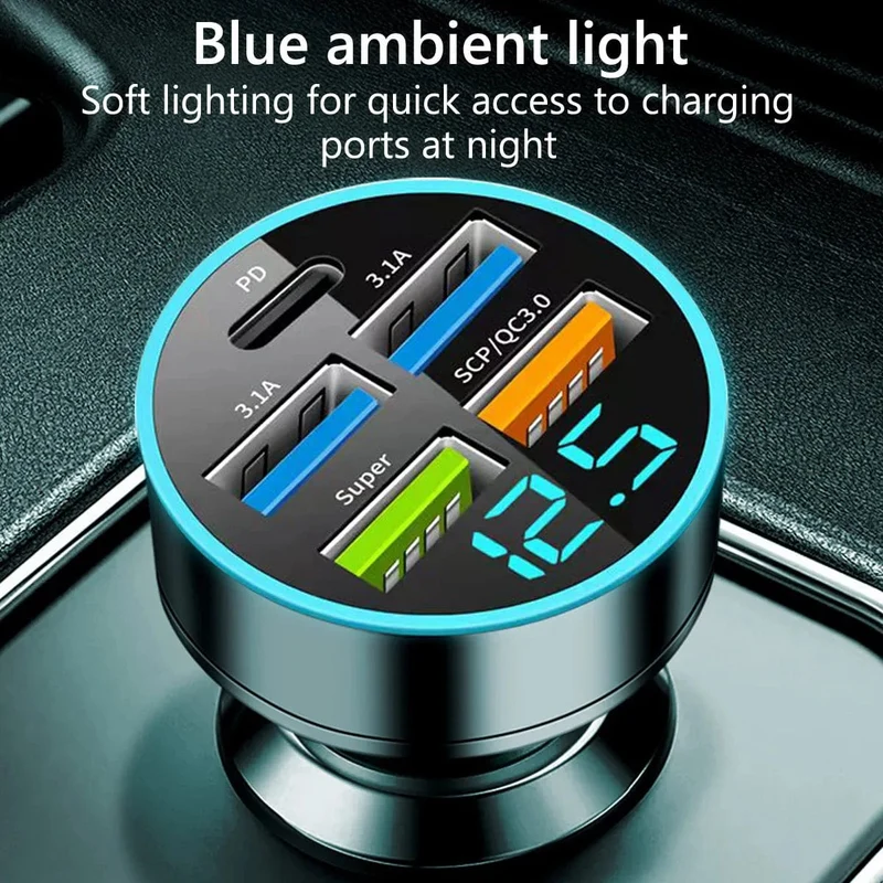 Autoladegerät 5 Anschlüsse USB Superschnelles Laden Intelligente Ladespannungserkennung Digitalanzeige Autoadapter Telefonladegerät