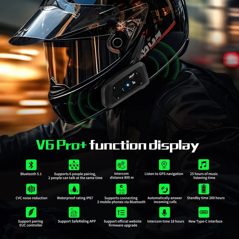 EJEAS V6 PRO+/PLUS Motorradhelm Bluetooth Walkie Talkie 6 Fahrer Entfernung 800 Meter Wasserdicht IP67