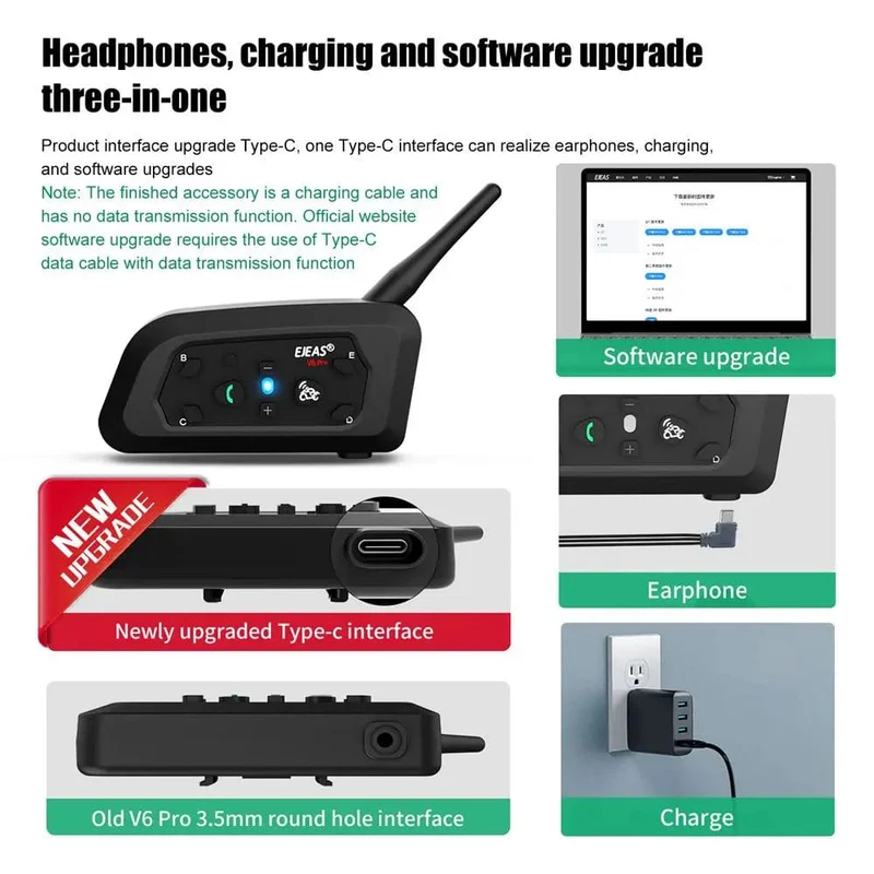 EJEAS V6 PRO+/PLUS Motorradhelm Bluetooth Walkie Talkie 6 Fahrer Entfernung 800 Meter Wasserdicht IP67