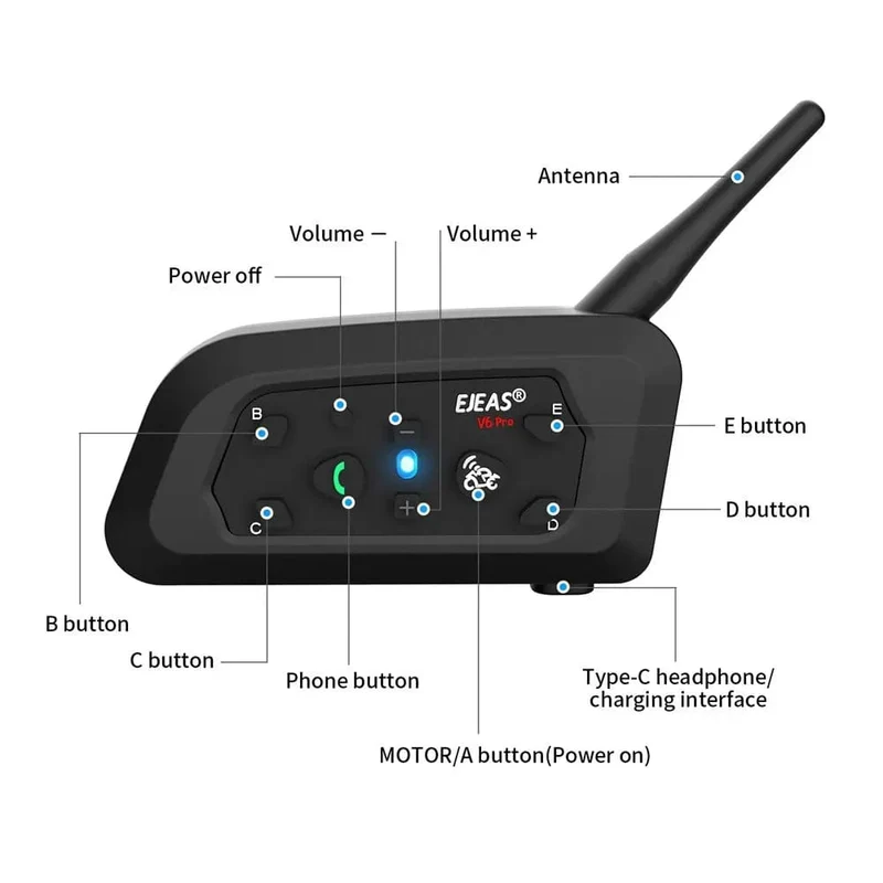 EJEAS V6 PRO+/PLUS Motorradhelm Bluetooth Walkie Talkie 6 Fahrer Entfernung 800 Meter Wasserdicht IP67