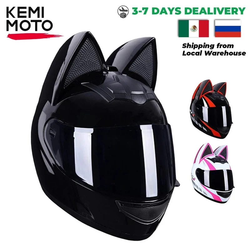 Motorradhelm, Integralhelm, Katzenohren, abnehmbar, DOT-Zertifizierung, Sicherheitshelm für Damen und Herren, atmungsaktiv, Geschenk für Freundin