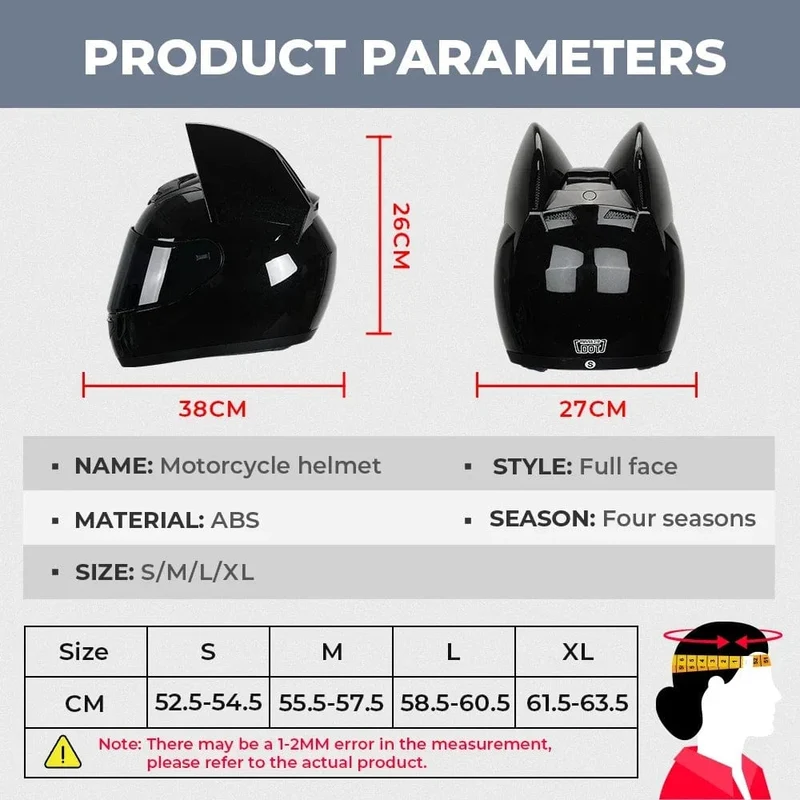 Motorradhelm, Integralhelm, Katzenohren, abnehmbar, DOT-Zertifizierung, Sicherheitshelm für Damen und Herren, atmungsaktiv, Geschenk für Freundin