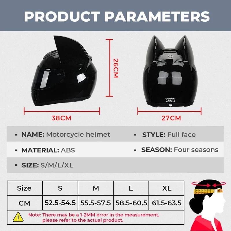 Motorradhelm, Integralhelm, Katzenohren, abnehmbar, DOT-Zertifizierung, Sicherheitshelm für Damen und Herren, atmungsaktiv, Geschenk für Freundin