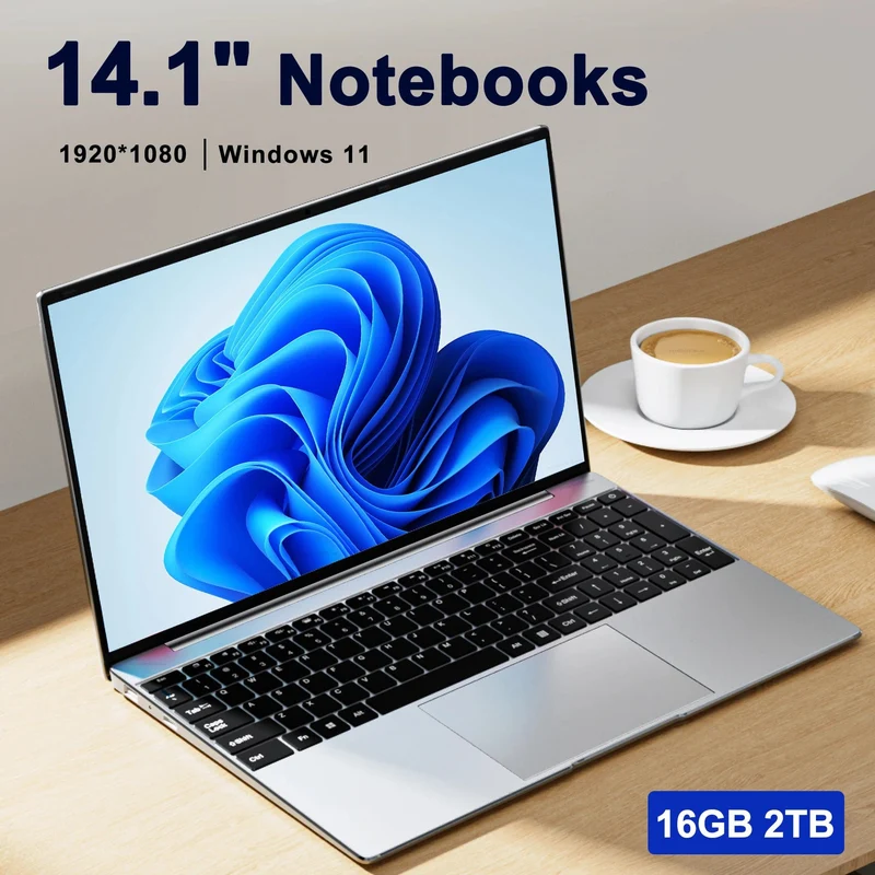 Ultraflacher Laptop 14.1 Zoll, 16 GB RAM, 2 TB SSD, Intel N3700, Notebook, Gamer, 1920 x 1080 Display, Büro-Computer, PC, Windows 11 Pro