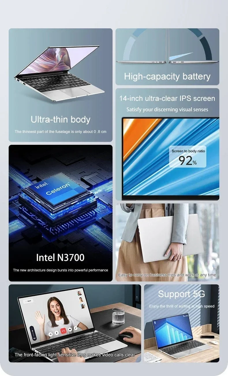 14.1-Zoll-Ultra-Slim-Laptop, 16 GB RAM, 2 TB SSD, Intel N3700, Notebook, Gamer, 1920 x 1080 Display, Büro-/Studiencomputer, PC, Windows 11 Pro