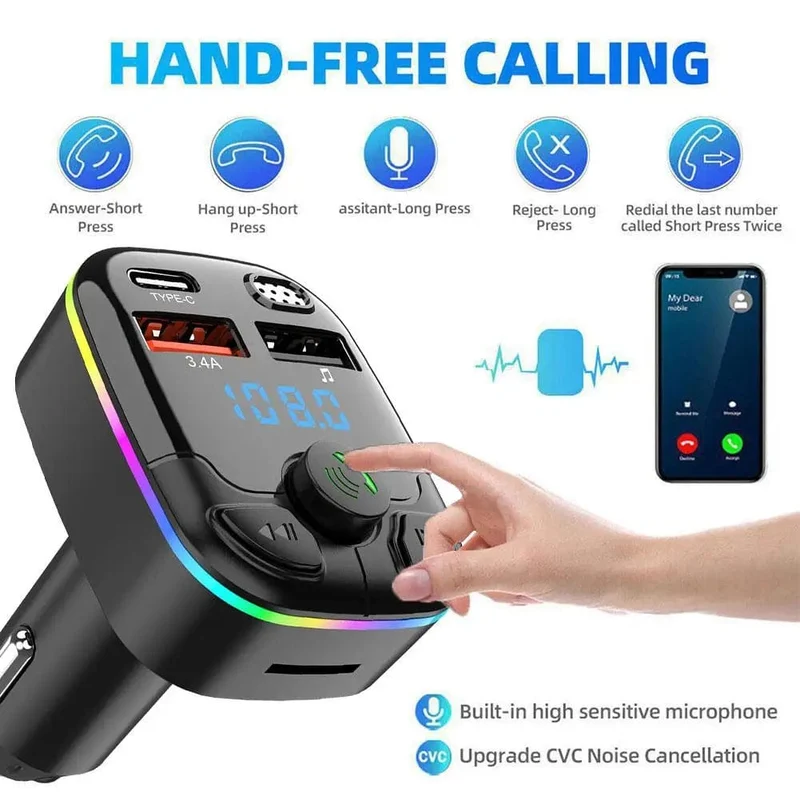 Auto Bluetooth 12V-24V Auto BT Player CVC Rauschunterdrückung 5.0 FM Transmitter 3.1A Schnellladung Buntes elektronisches Autozubehör