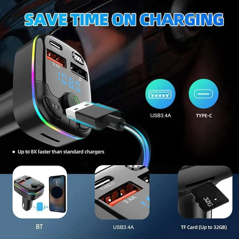 Auto Bluetooth 12V-24V Auto BT Player CVC Rauschunterdrückung 5.0 FM Transmitter 3.1A Schnellladung Buntes elektronisches Autozubehör