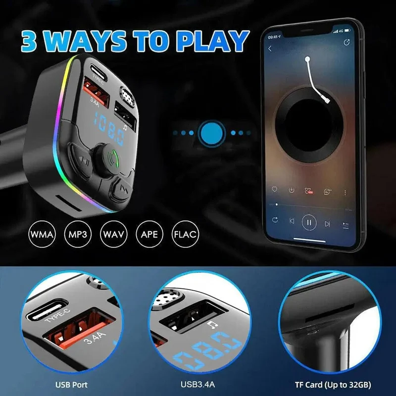 Auto Bluetooth 12V-24V Auto BT Player CVC Rauschunterdrückung 5.0 FM Transmitter 3.1A Schnellladung Buntes elektronisches Autozubehör