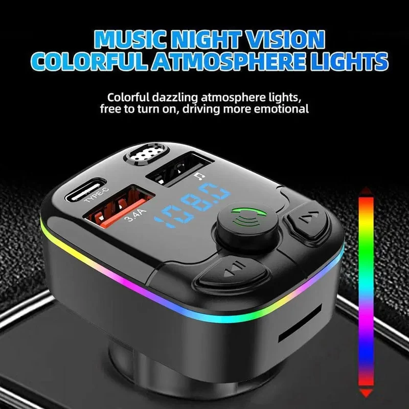 Auto Bluetooth 12V-24V Auto BT Player CVC Rauschunterdrückung 5.0 FM Transmitter 3.1A Schnellladung Buntes elektronisches Autozubehör
