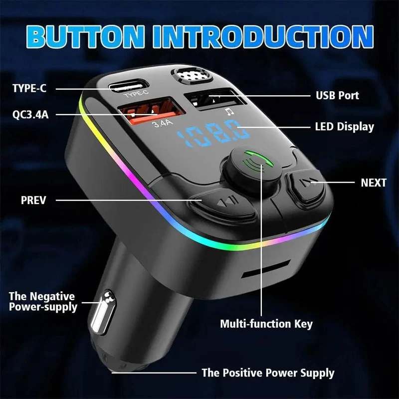 Auto Bluetooth 12V-24V Auto BT Player CVC Rauschunterdrückung 5.0 FM Transmitter 3.1A Schnellladung Buntes elektronisches Autozubehör