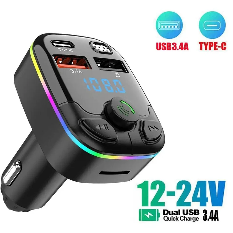 Auto Bluetooth 12V-24V Auto BT Player CVC Rauschunterdrückung 5.0 FM Transmitter 3.1A Schnellladung Buntes elektronisches Autozubehör