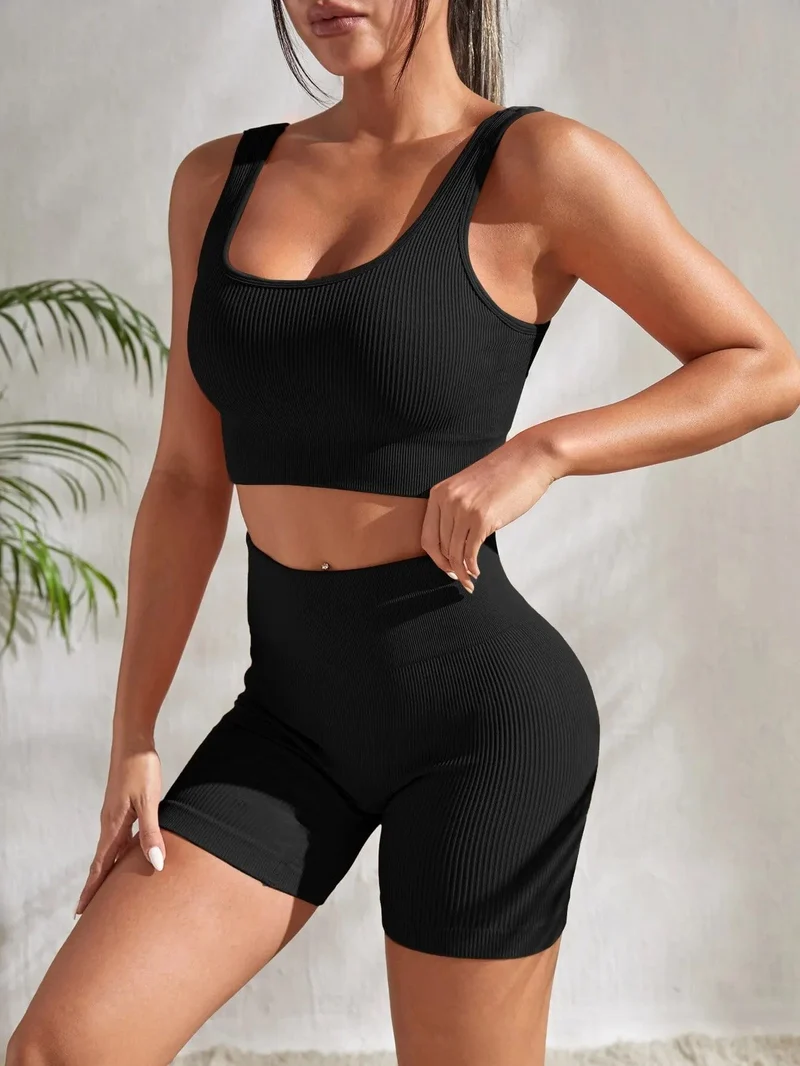 Nahtlose gerippte Yoga-Sets, Trainings-Sets für Damen, 2-teilig, Fitnessstudio-Anzüge, geripptes Crop-Tanktop, hohe Taille, Shorts, Outfits, Fitness, Laufen