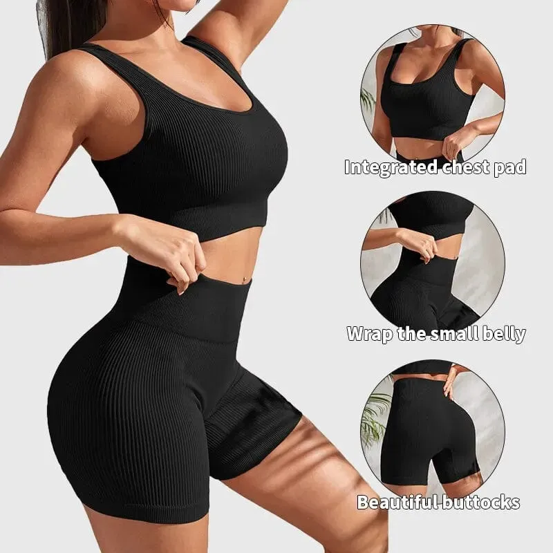 Nahtlose gerippte Yoga-Sets, Trainings-Sets für Damen, 2-teilig, Fitnessstudio-Anzüge, geripptes Crop-Tanktop, hohe Taille, Shorts, Outfits, Fitness, Laufen