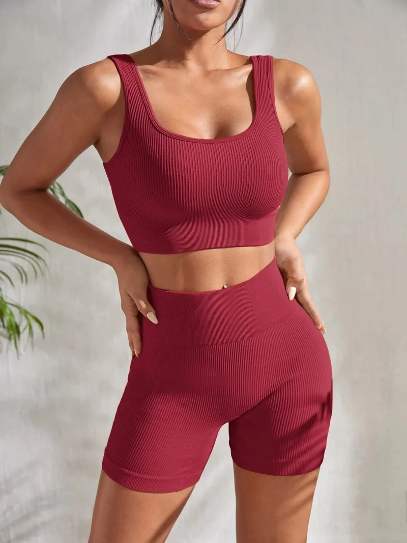 Nahtlose gerippte Yoga-Sets, Trainings-Sets für Damen, 2-teilig, Fitnessstudio-Anzüge, geripptes Crop-Tanktop, hohe Taille, Shorts, Outfits, Fitness, Laufen
