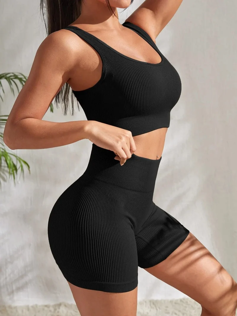 Nahtlose gerippte Yoga-Sets, Trainings-Sets für Damen, 2-teilig, Fitnessstudio-Anzüge, geripptes Crop-Tanktop, hohe Taille, Shorts, Outfits, Fitness, Laufen