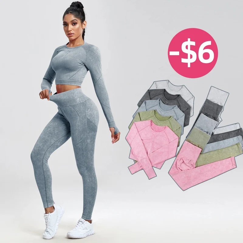 NORMOV 2Pcs Gym Frauen Sets Nahtlose Yoga Set Hohe Taille Gym Sportwear Push-Up Sport Workout Sets Fitness langarm Gym Anzug