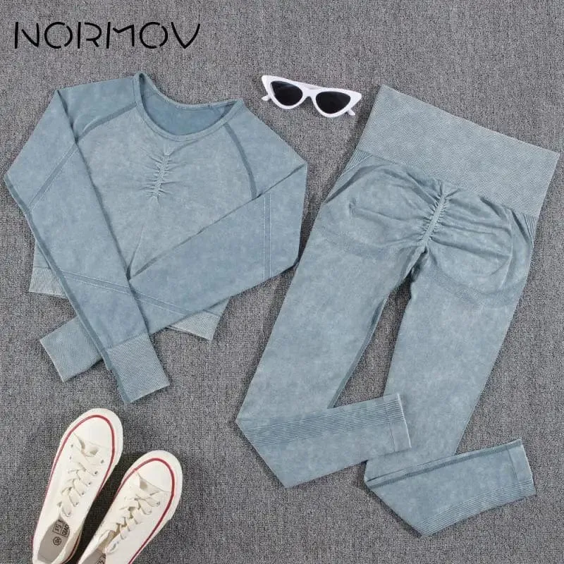 NORMOV 2Pcs Gym Frauen Sets Nahtlose Yoga Set Hohe Taille Gym Sportwear Push-Up Sport Workout Sets Fitness langarm Gym Anzug