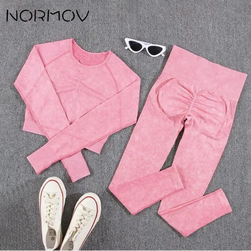 NORMOV 2Pcs Gym Frauen Sets Nahtlose Yoga Set Hohe Taille Gym Sportwear Push-Up Sport Workout Sets Fitness langarm Gym Anzug