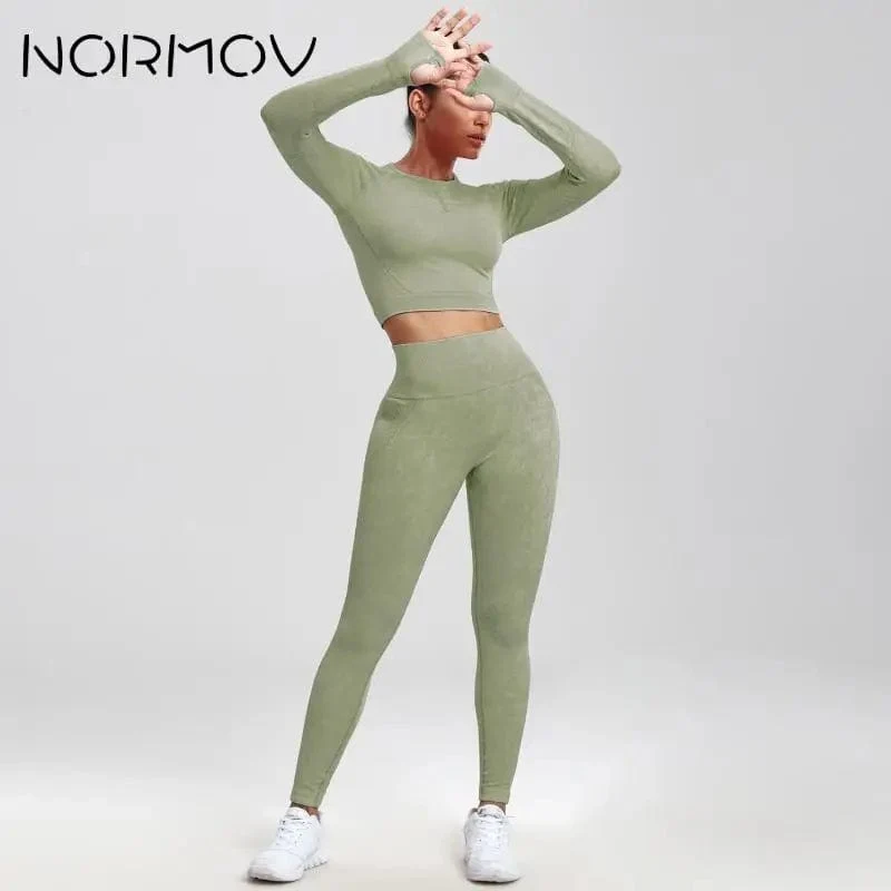 NORMOV 2Pcs Gym Frauen Sets Nahtlose Yoga Set Hohe Taille Gym Sportwear Push-Up Sport Workout Sets Fitness langarm Gym Anzug