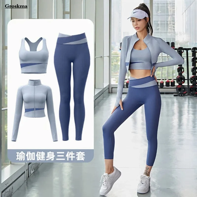 Frauen Yoga Patchwork 3 Stück Set Fitness Gym Mäntel + Bh + Leggings Training Läuft Sportswear Kleidung Trainingsanzug Ensemble Femme