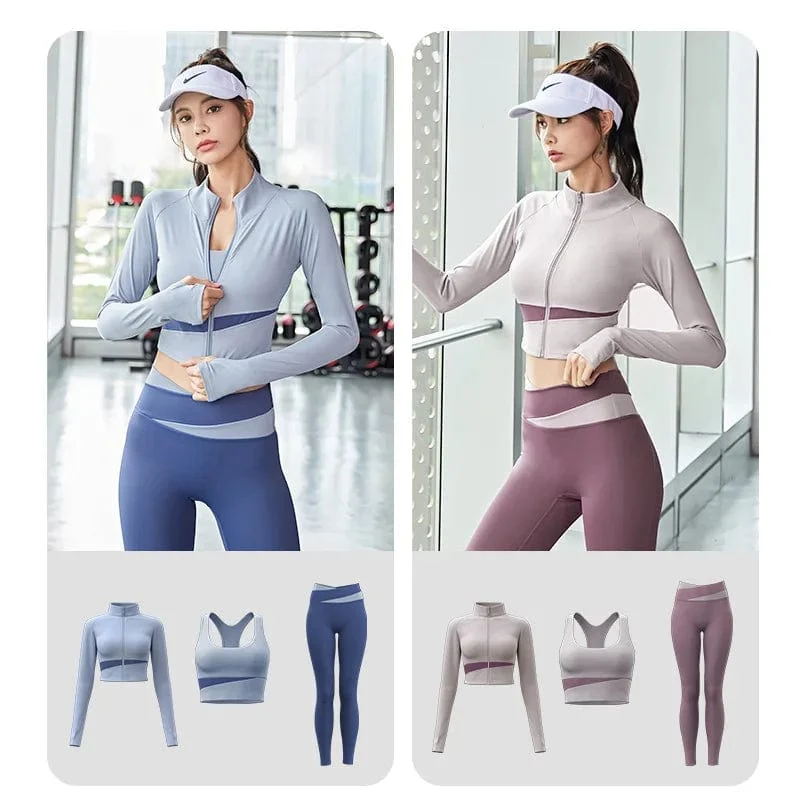 Frauen Yoga Patchwork 3 Stück Set Fitness Gym Mäntel + Bh + Leggings Training Läuft Sportswear Kleidung Trainingsanzug Ensemble Femme